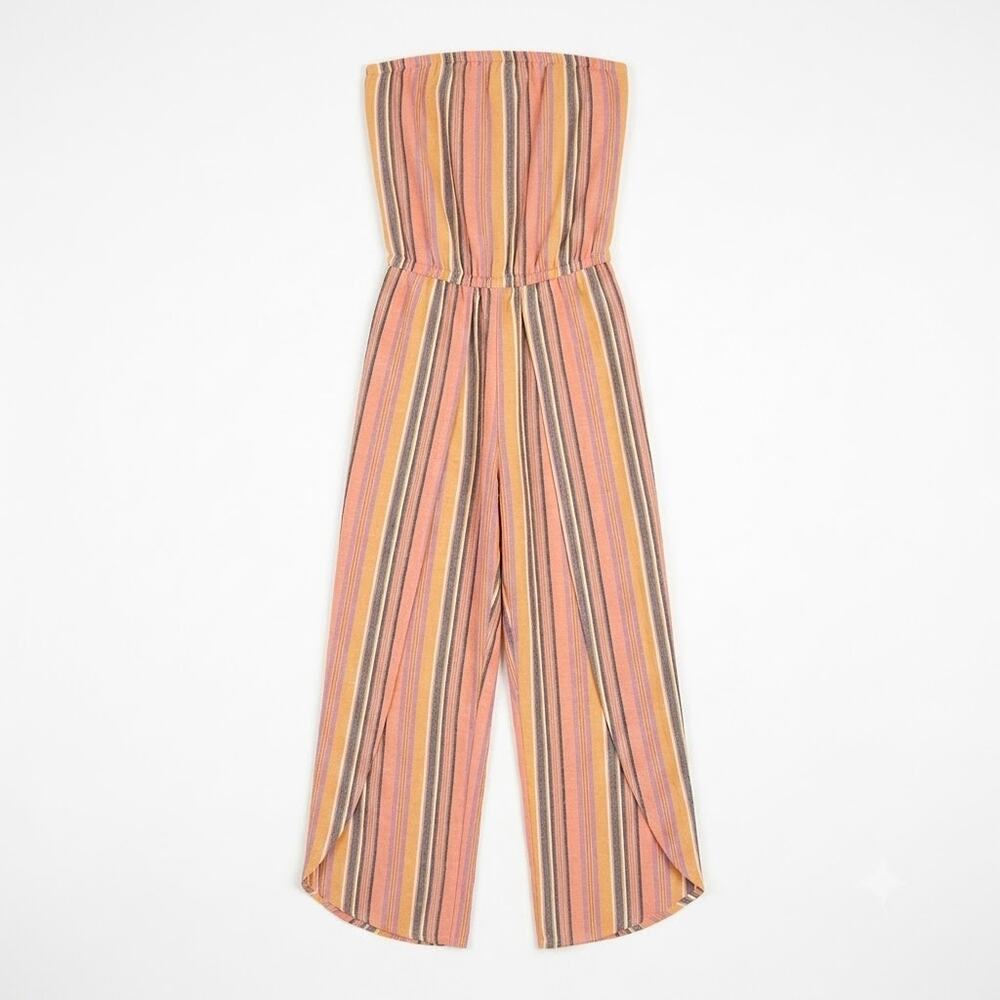 DREW Emerson Linen Tube Jumpsuit Striped Strapless Tulip Slit Leg Womens Small